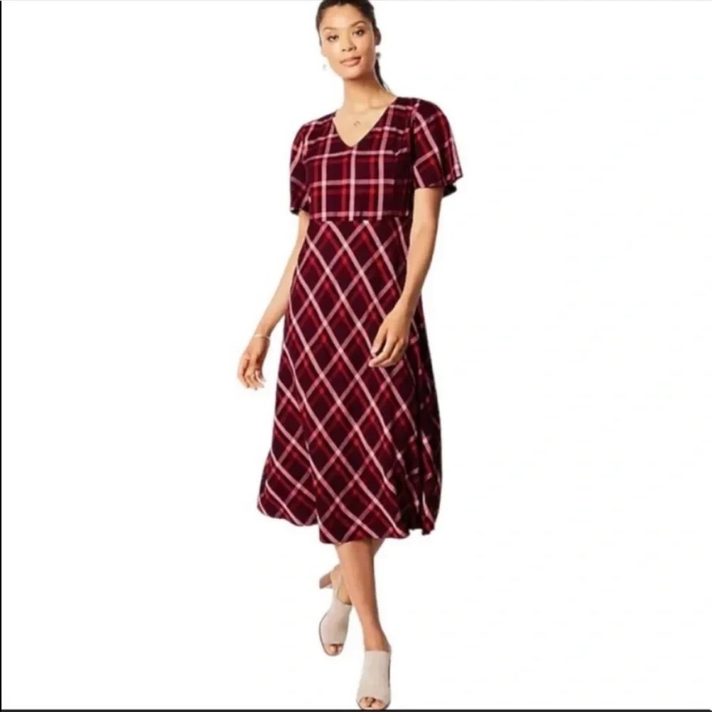 J Jill Dress Womens Medium Burgundy Plaid Midi Short Sleeve Holiday Preppy
